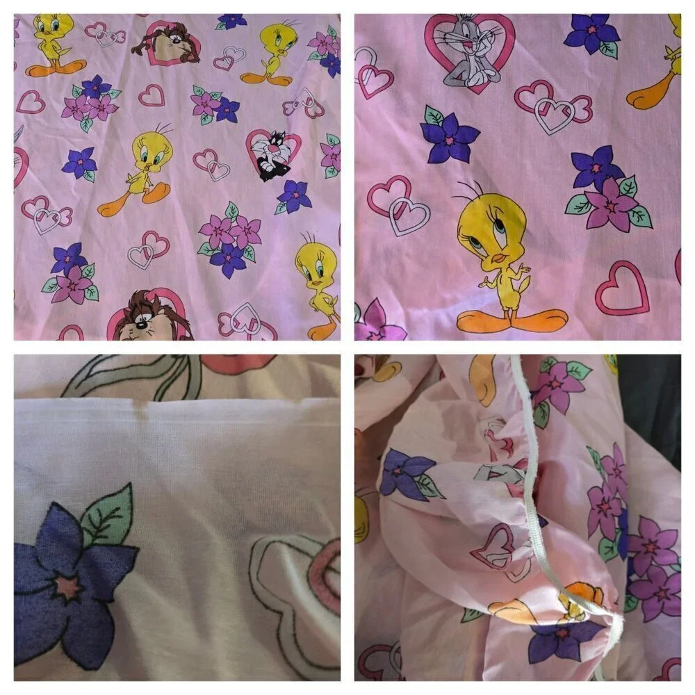 Vintage 90s 1996 Looney Tunes Pink Hearts Valentines Twin Sheet Set Tweety Tasma